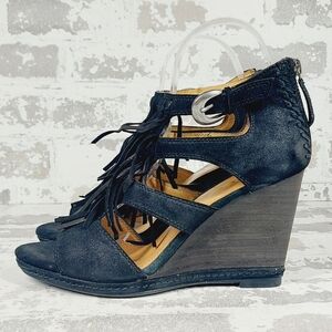 NEW Trask Felicity Fringe Black Suede Wedge Summer Sandals D602